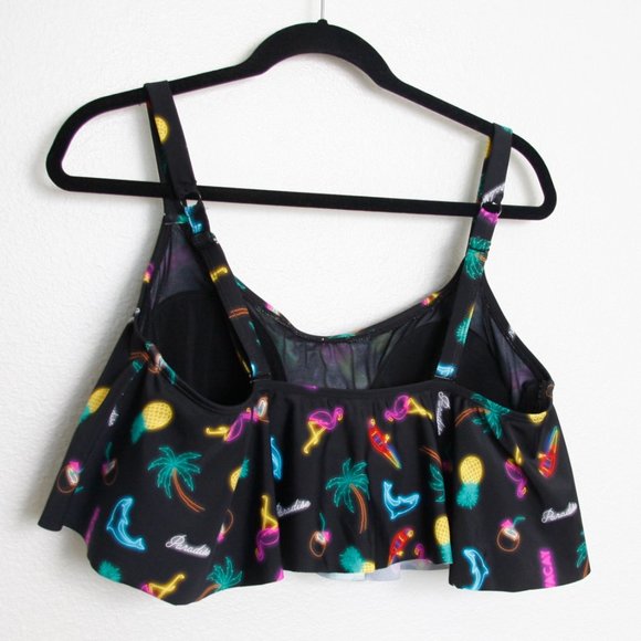 Torrid Neon Lights Flounce Bikini Top Palm Tree Flamingo Black 2X - Picture 7 of 7